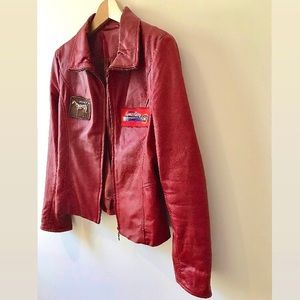 Red leather biker jacket vintage racing varsity patches moto motorcycle …